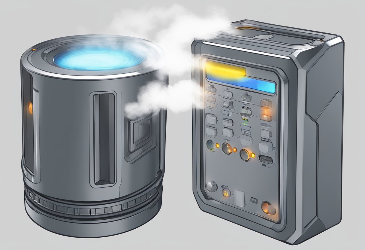 two common types of vape detectors next to each other amidst smoke