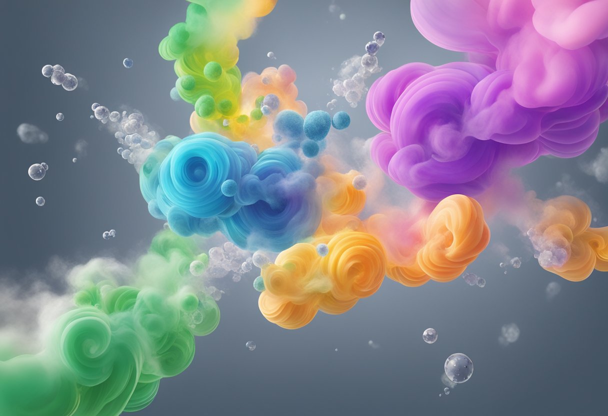 THC-O vape swirling in air, dispersing into environment, molecules binding to surfaces, lingering for prolonged period