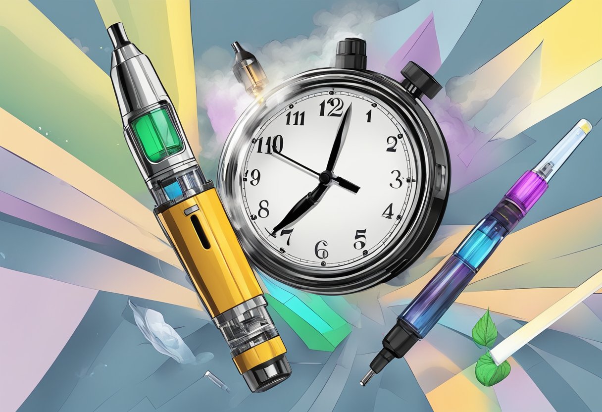 A vape pen emits THC-O vapor, while a clock shows time passing