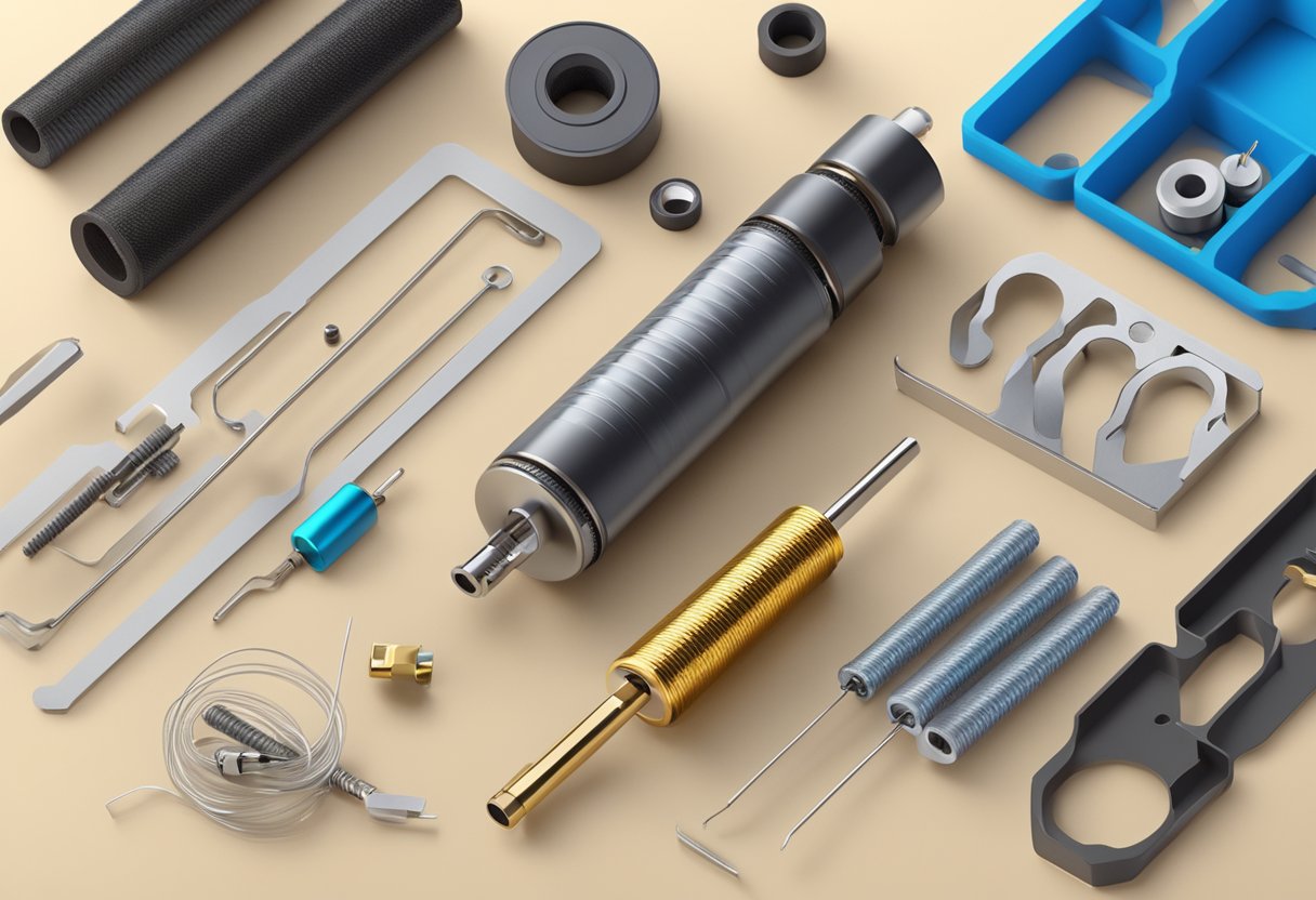 Vape coils placed on a clean, flat surface with tools and materials around them, including wire, cotton, and coil jig. Instructions or FAQs displayed nearby