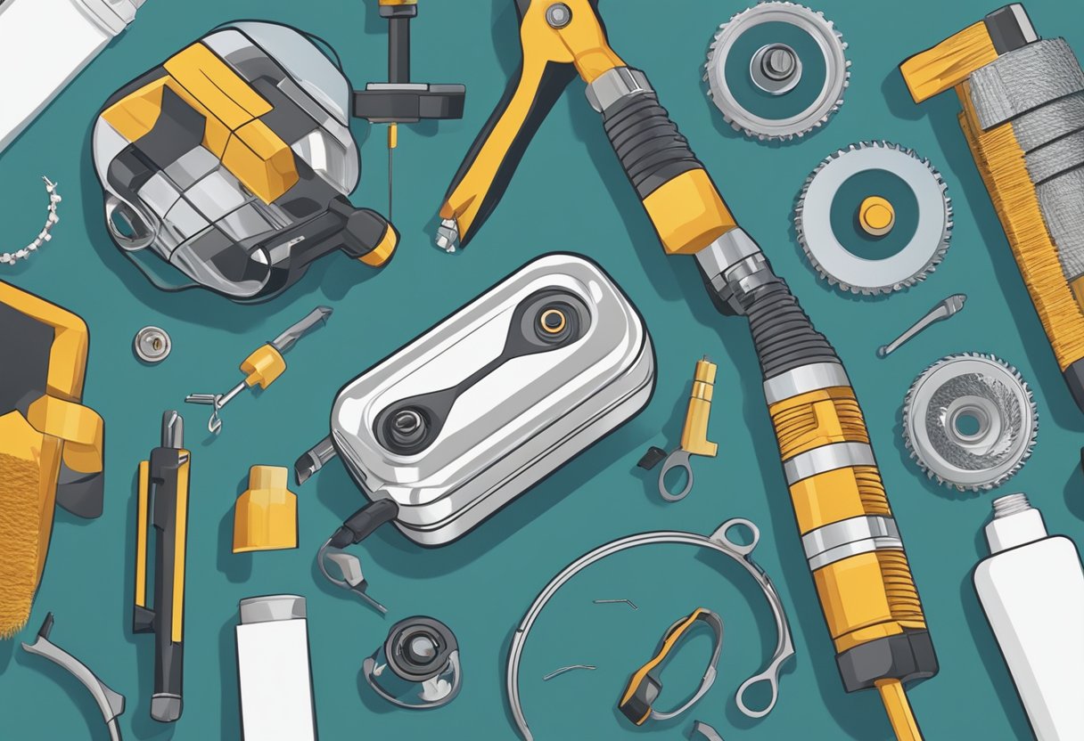 A hand holding a vape coil, surrounded by tools and materials for cleaning and maintenance. A coil is being carefully cleaned and reassembled, with a focus on precision and attention to detail