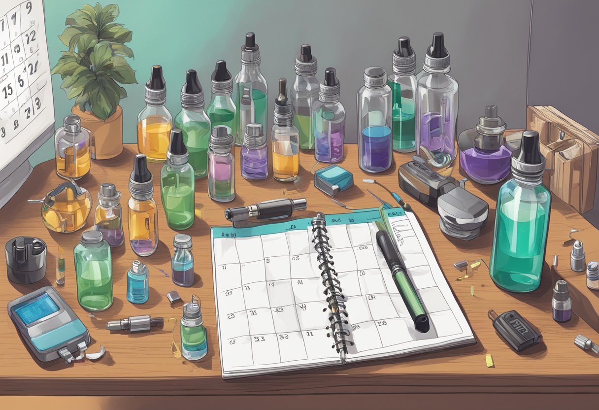 A table cluttered with multiple vaping devices and empty e-liquid bottles, with a calendar showing multiple dates crossed off in a single day
