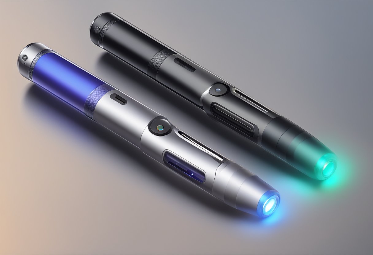 A vape pen emits vapor, with a blinking light indicating low battery. The device is compact and sleek, with a button for activation